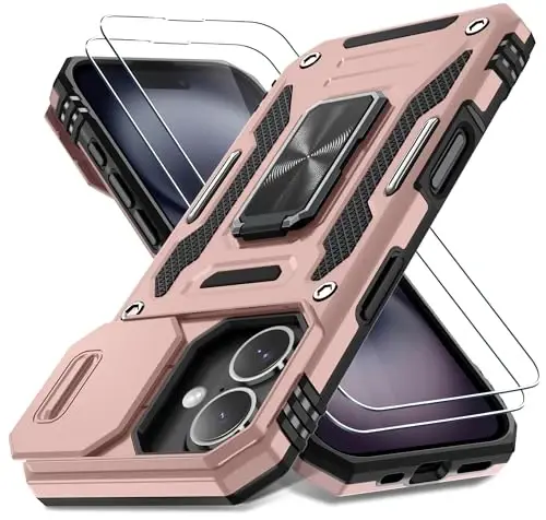 DEERLAMN Case for iPhone 16 with Slide Camera Cover+Screen Protector (2 Packs), Rotated Ring Kickstand Military Grade Shockproof Protective Cover-Rose Gold - DEERLAMN