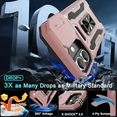 DEERLAMN Case for iPhone 17 6.3-Inch with Slide Camera Cover + Screen Protector (2 Packs), Rotated Ring Kickstand Military Grade Shockproof Protective Cover-Rose Gold - 3