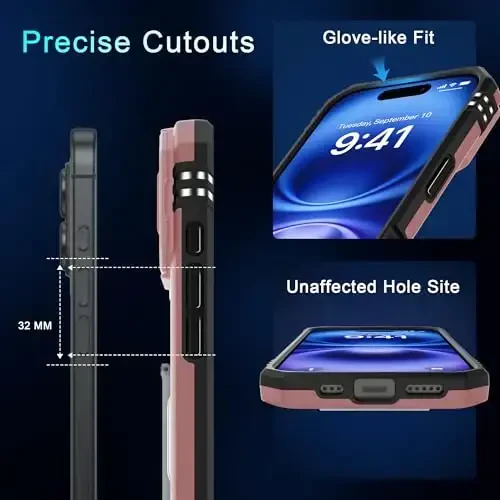 DEERLAMN Case for iPhone 17 6.3-Inch with Slide Camera Cover + Screen Protector (2 Packs), Rotated Ring Kickstand Military Grade Shockproof Protective Cover-Rose Gold - 6