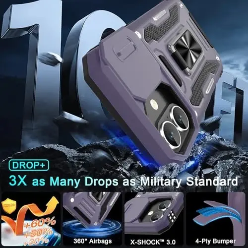 DEERLAMN iPhone 17 6.3-dyuymli g'ilofi, suriladigan kamera qopqog'i + ekran himoyachisi (2 dona), aylanadigan halqali tirgak, harbiy standartdagi zarbga chidamli himoya qopqog'i - to'q binafsha - 3