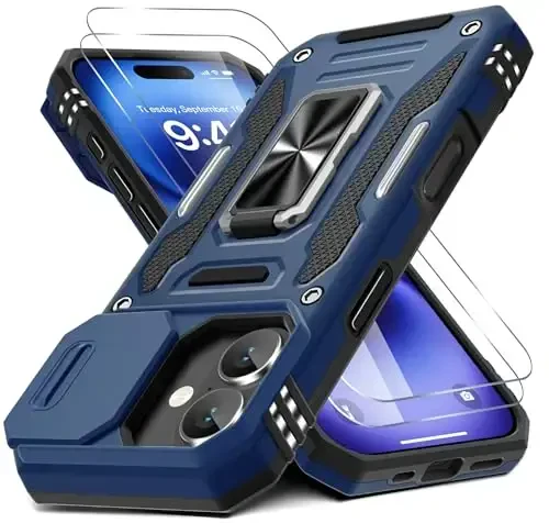 DEERLAMN Case for iPhone 17 6.3-Inch with Slide Camera Cover + Screen Protector (2 Packs), Rotated Ring Kickstand Military Grade Shockproof Protective Cover-Navy Blue 