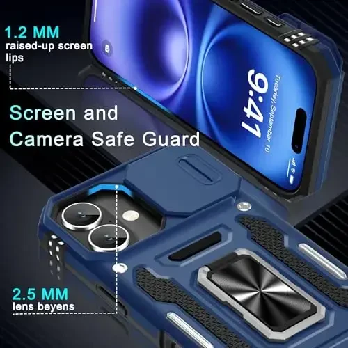 DEERLAMN Case for iPhone 17 6.3-Inch with Slide Camera Cover + Screen Protector (2 Packs), Rotated Ring Kickstand Military Grade Shockproof Protective Cover-Navy Blue - 5