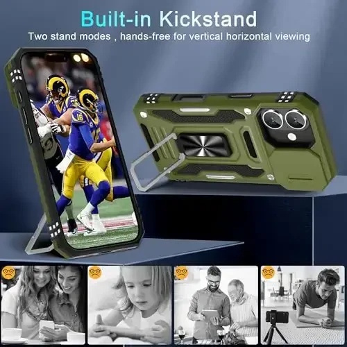 DEERLAMN Case for iPhone 17 6.3-Inch with Slide Camera Cover + Screen Protector (2 Packs), Rotated Ring Kickstand Military Grade Shockproof Protective Cover-Olive Green - 4