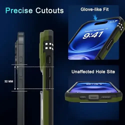 DEERLAMN Case for iPhone 17 6.3-Inch with Slide Camera Cover + Screen Protector (2 Packs), Rotated Ring Kickstand Military Grade Shockproof Protective Cover-Olive Green - 6