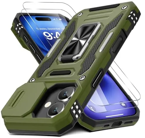 DEERLAMN Case for iPhone 17 6.3-Inch with Slide Camera Cover + Screen Protector (2 Packs), Rotated Ring Kickstand Military Grade Shockproof Protective Cover-Olive Green 