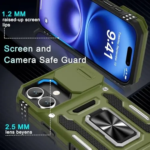 DEERLAMN Case for iPhone 17 6.3-Inch with Slide Camera Cover + Screen Protector (2 Packs), Rotated Ring Kickstand Military Grade Shockproof Protective Cover-Olive Green - 5