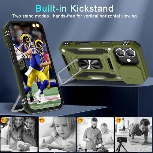 DEERLAMN Case for iPhone 17 6.3-Inch with Slide Camera Cover + Screen Protector (2 Packs), Rotated Ring Kickstand Military Grade Shockproof Protective Cover-Olive Green - 4