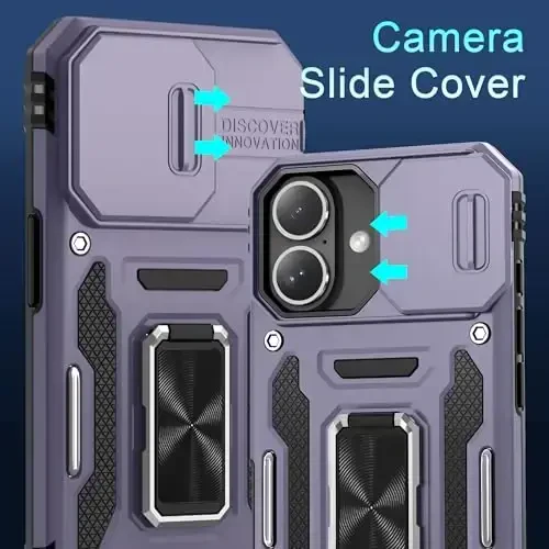DEERLAMN Case for iPhone 17 6.3-Inch with Slide Camera Cover + Screen Protector (2 Packs), Rotated Ring Kickstand Military Grade Shockproof Protective Cover-Deep Purple - DEERLAMN (1)