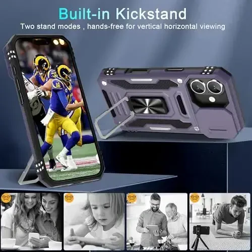 DEERLAMN Case for iPhone 17 6.3-Inch with Slide Camera Cover + Screen Protector (2 Packs), Rotated Ring Kickstand Military Grade Shockproof Protective Cover-Deep Purple - 4