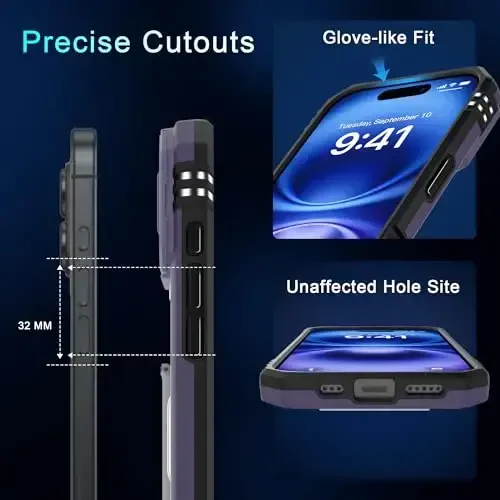 DEERLAMN Case for iPhone 17 6.3-Inch with Slide Camera Cover + Screen Protector (2 Packs), Rotated Ring Kickstand Military Grade Shockproof Protective Cover-Deep Purple - 6