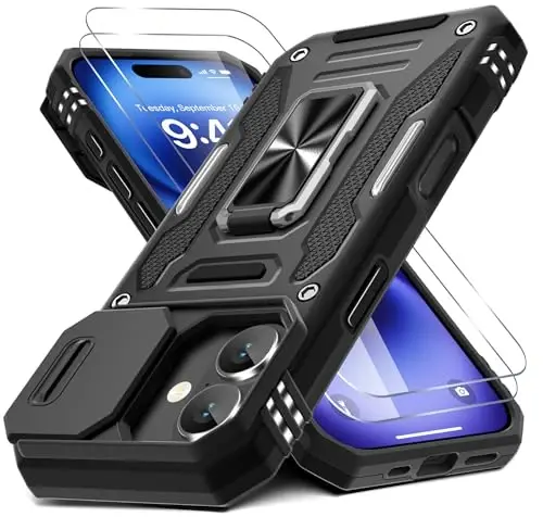 DEERLAMN Case for iPhone 17 6.3-Inch with Slide Camera Cover + Screen Protector (2 Packs), Rotated Ring Kickstand Military Grade Shockproof Protective Cover-Black 