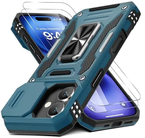 DEERLAMN Case for iPhone 17 6.3-Inch with Slide Camera Cover + Screen Protector (2 Packs), Rotated Ring Kickstand Military Grade Shockproof Protective Cover-Light Blue 