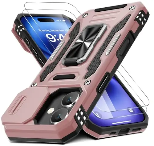 DEERLAMN Case for iPhone 17 6.3-Inch with Slide Camera Cover + Screen Protector (2 Packs), Rotated Ring Kickstand Military Grade Shockproof Protective Cover-Rose Gold - 1