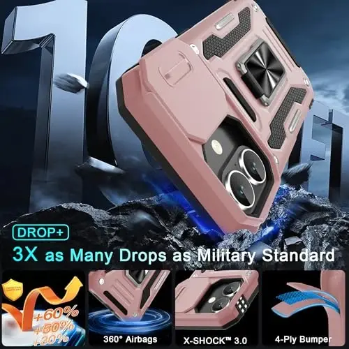 DEERLAMN Case for iPhone 17 6.3-Inch with Slide Camera Cover + Screen Protector (2 Packs), Rotated Ring Kickstand Military Grade Shockproof Protective Cover-Rose Gold - 3