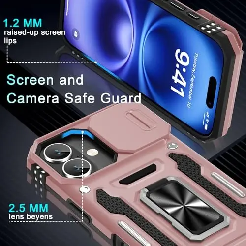 DEERLAMN Case for iPhone 17 6.3-Inch with Slide Camera Cover + Screen Protector (2 Packs), Rotated Ring Kickstand Military Grade Shockproof Protective Cover-Rose Gold - 5