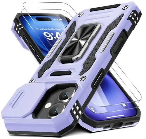 DEERLAMN Case for iPhone 17 6.3-Inch with Slide Camera Cover + Screen Protector (2 Packs), Rotated Ring Kickstand Military Grade Shockproof Protective Cover-Light Purple 