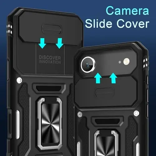 DEERLAMN Sürgülü Kamera Kapaklı ve Ekran Koruyuculu (2 Adet) iPhone Air 6.5 İnç Kılıf, Döner Halkalı Stand Askeri Sınıf Darbeye Dayanıklı Koruyucu Kılıf-Siyah - 2