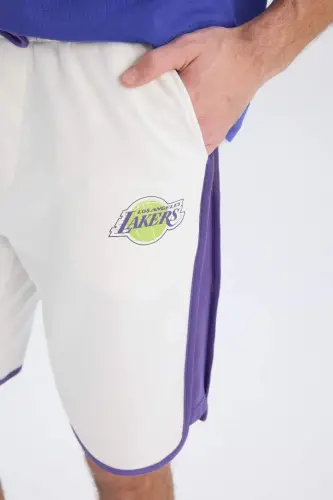 DeFactoFit NBA Los Angeles Lakers Standart Fit Qisqa Shim Shorlari Ekru - 6
