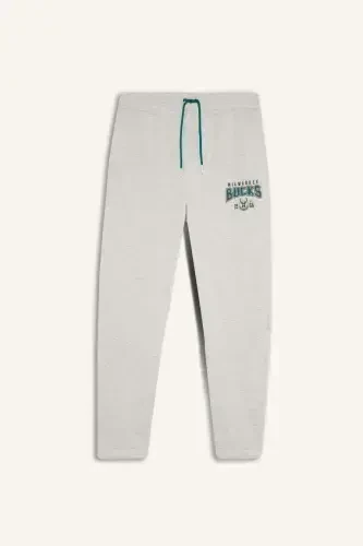 DeFactoFit NBA Milwaukee Bucks Qalin Jogger sport shimining pastki qismi Standart Fit Bel bog'ichli cho'ntakli-Ochiq kulrang melanj - 3