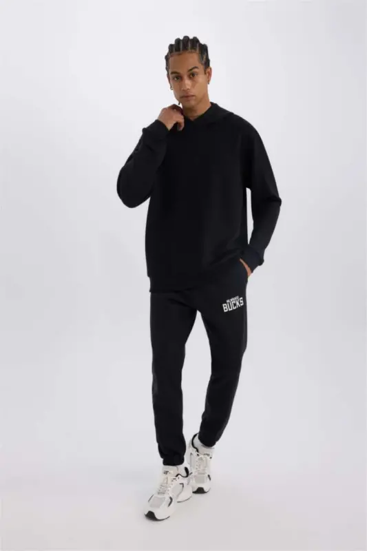 DeFactoFit NBA Milwaukee Bucks Thick Jogger Sweatpants Drawstring Waist Standard Fit Pocketed-Black - 3