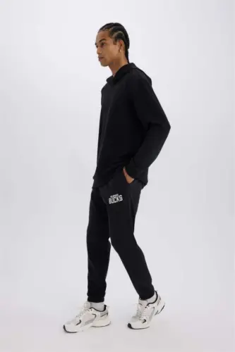 DeFactoFit NBA Milwaukee Bucks Thick Jogger Sweatpants Drawstring Waist Standard Fit Pocketed-Black - 4