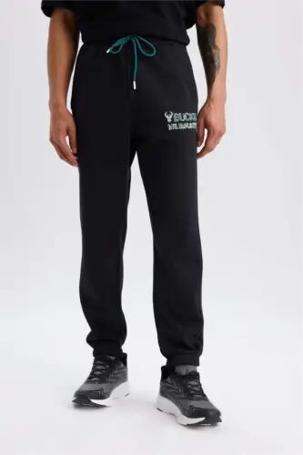 DeFactoFit NBA Milwaukee Bucks Thick Jogger Sweatpants Standard Fit Pocketed Drawstring Waistband Elasticated Hem-Black - 4