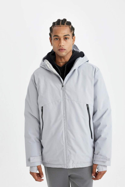 DeFactoFit Parka Jacket with Thermometer Water Repellent Windproof Slim Fit Hooded Zipper Grey - 14