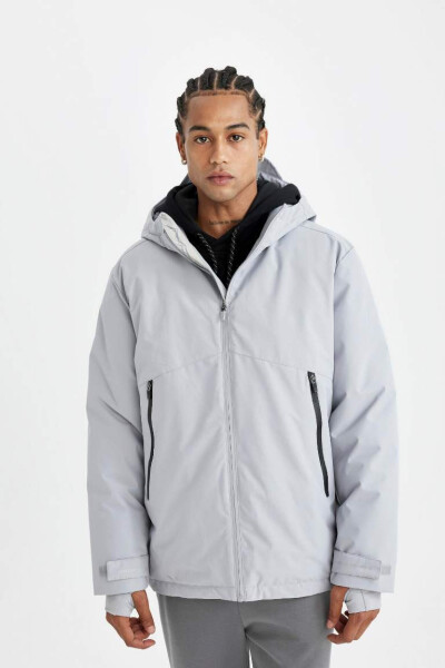 DeFactoFit Parka Jacket with Thermometer Water Repellent Windproof Slim Fit Hooded Zipper Grey - 4