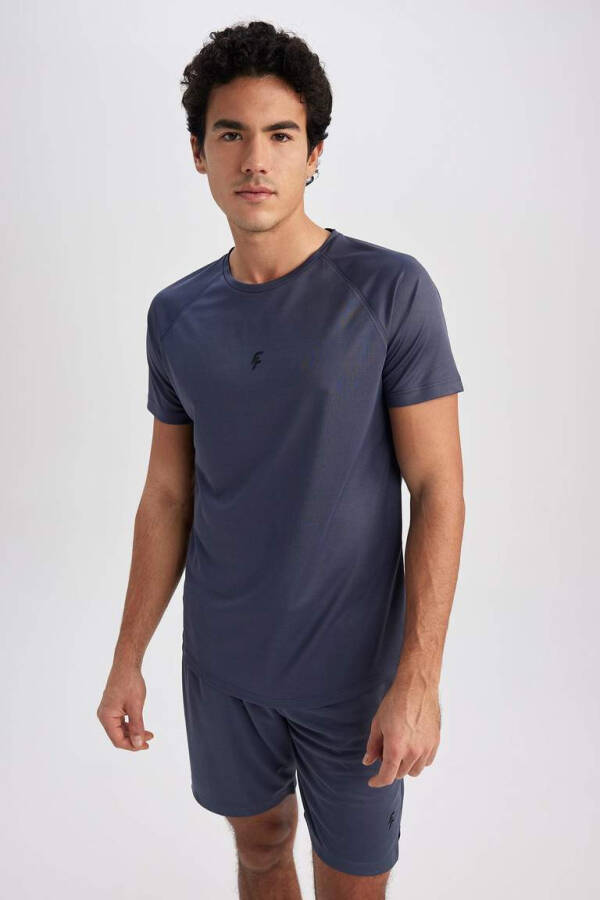 DeFactoFit Slim Fit Bisiklet Yaka Ağır Kumaş Sporcu Kısa Kollu Tişört İndigo - 4