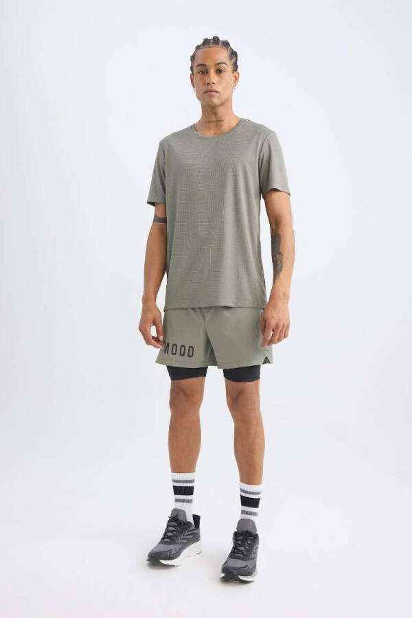 DeFactoFit Slim Fit Crew Neck Printed Short Sleeve Sports T-Shirt Khaki - 2