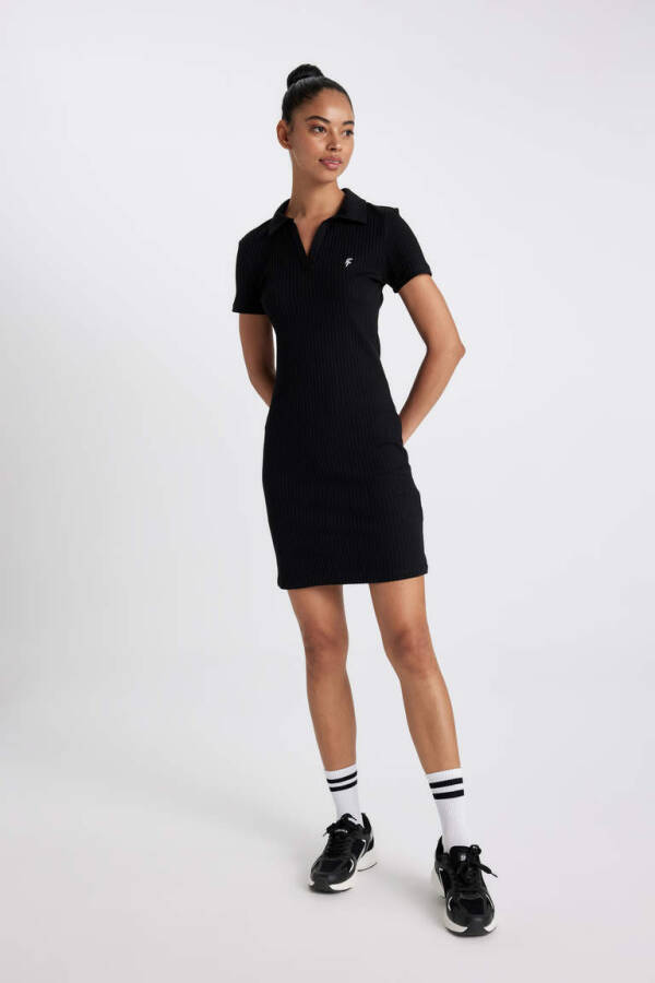 DeFactoFit Slim Fit Shirt Collar Short Sleeve Ribbed Dress Black - 2