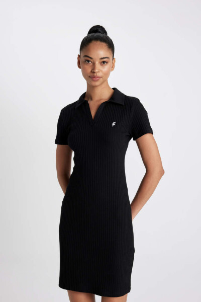 DeFactoFit Slim Fit Shirt Collar Short Sleeve Ribbed Dress Black - 4