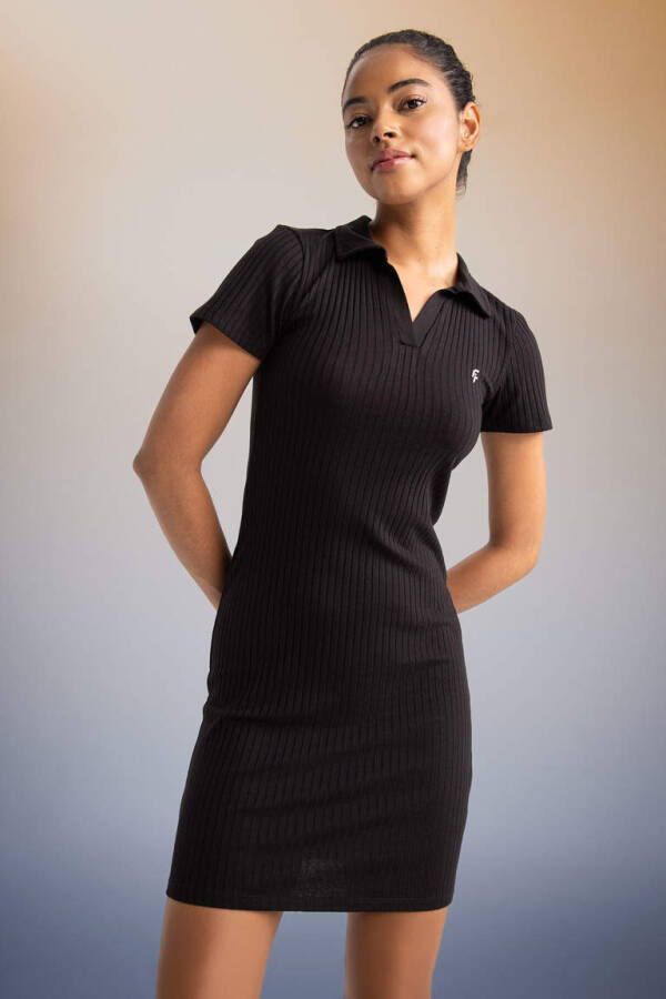 DeFactoFit Slim Fit Shirt Collar Short Sleeve Ribbed Dress Black - 9