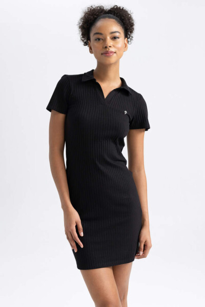 DeFactoFit Slim Fit Shirt Collar Short Sleeve Ribbed Dress Black - 13