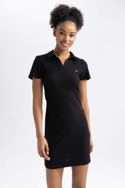 DeFactoFit Slim Fit Shirt Collar Short Sleeve Ribbed Dress Black - 14