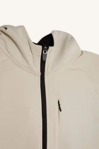 DeFactoFit Slim Fit Slim Fit Hooded Scuba Diver Fabric Zippered Athlete Sweatshirt-Stone - 9