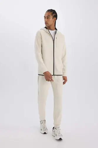 DeFactoFit Slim Fit Slim Fit Hooded Scuba Diver Fabric Zippered Athlete Sweatshirt-Stone - 2