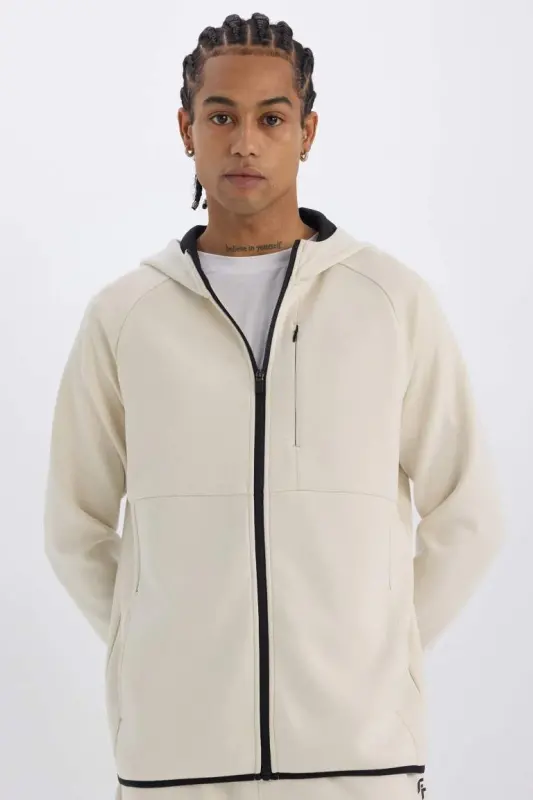 DeFactoFit Slim Fit Узкий Крой Толстовка С Капюшоном Скуба Дайвинг Ткань На Молнии Спортивная Толстовка-Камень - 1