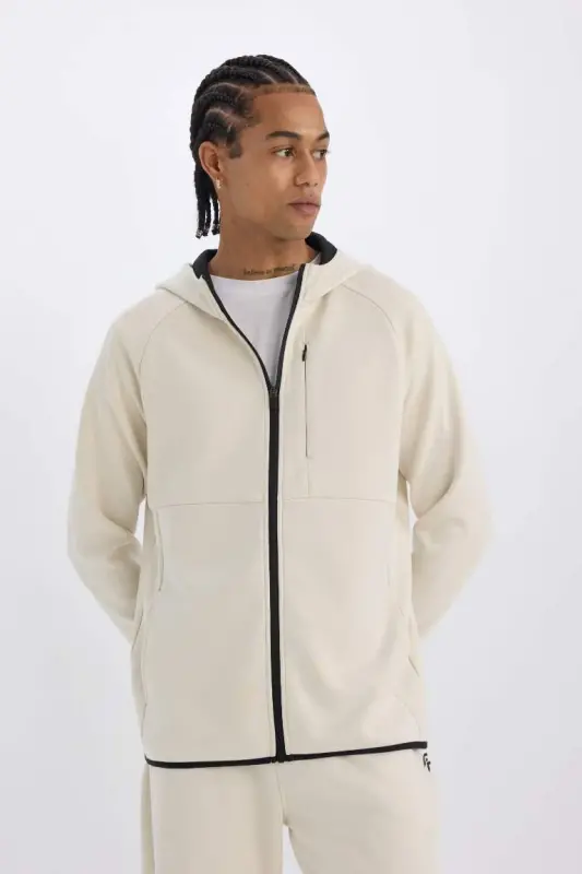 DeFactoFit Slim Fit Узкий Крой Толстовка С Капюшоном Скуба Дайвинг Ткань На Молнии Спортивная Толстовка-Камень - 4