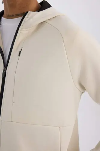 DeFactoFit Slim Fit Узкий Крой Толстовка С Капюшоном Скуба Дайвинг Ткань На Молнии Спортивная Толстовка-Камень - 5