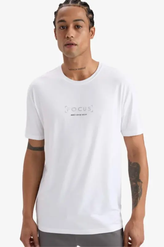 DeFactoFit Standard Fit Crew Neck Printed Stretch Fabric Sports Short Sleeve T-Shirt-White - DEFACTO