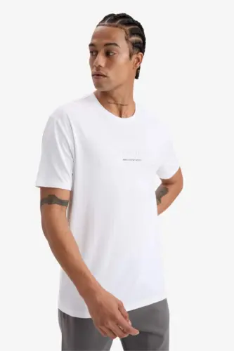 DeFactoFit Standard Fit Crew Neck Printed Stretch Fabric Sports Short Sleeve T-Shirt-White - 3