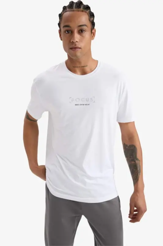 DeFactoFit Standard Fit Crew Neck Printed Stretch Fabric Sports Short Sleeve T-Shirt-White - 4