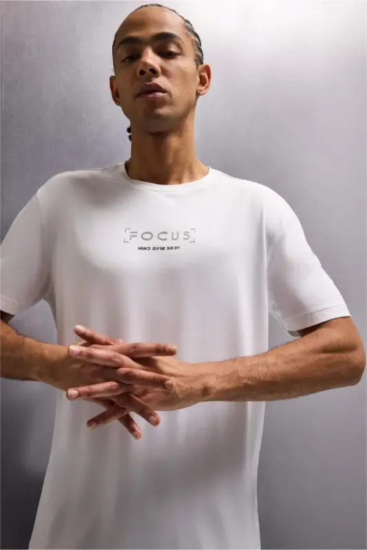 DeFactoFit Standard Fit Crew Neck Printed Stretch Fabric Sports Short Sleeve T-Shirt-White - DEFACTO