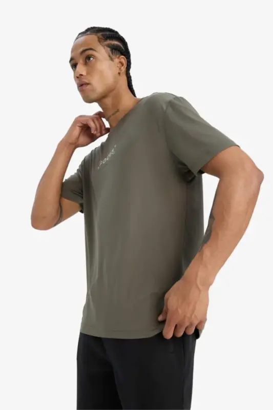 Standart Fit Yumuşak Tuşe Bisiklet Yaka Baskılı Kısa Kollu Tişört-Haki - 5