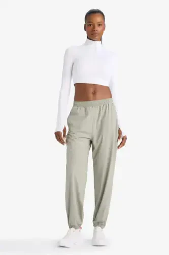 DeFactoFit Wide Leg Широкие брюки С карманами Спортивные тканые тонкие брюки-Светлый хаки - 2