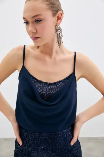 Degaje Yaka Bluz - Lacivert-LACİVERT - 3