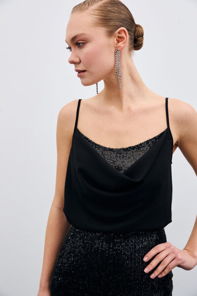 Degaje Yaka Bluz - Siyah-SİYAH - 1