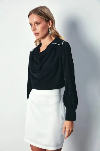 Degaje Yaka İncili Salaş Bluz - SİYAH-SİYAH - SATEEN (1)