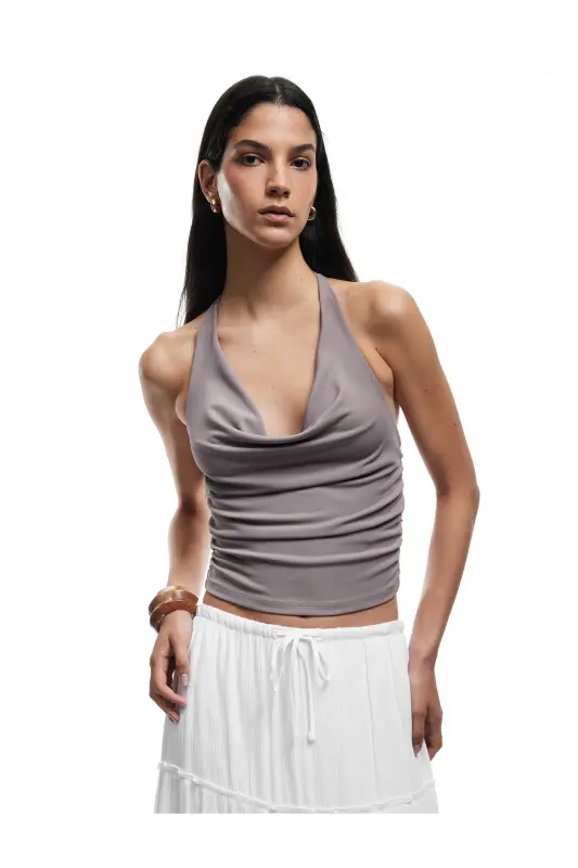 Degaje Yaka Kolsuz Slim Fit Drapeli Scuba Crop Bluz - 1